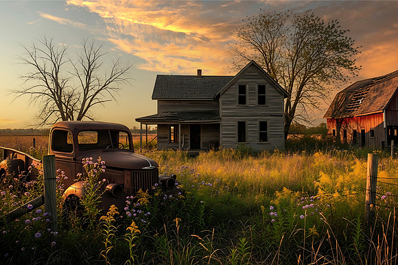Abandoned Rustic Farmhouse and Vintage Truck Standing in Overgro