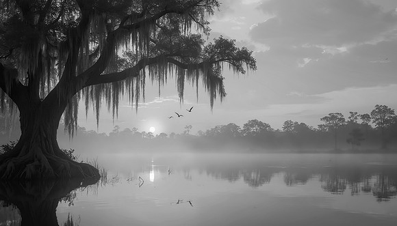 Misty sunrise over calm swamp lake with big cypress tree. Spanis