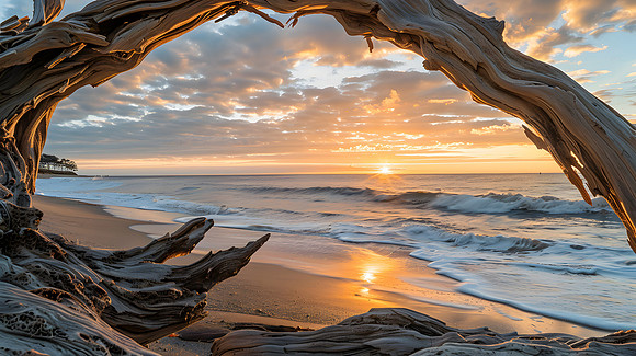 A large tree branch is on the beach, with the sun setting in the