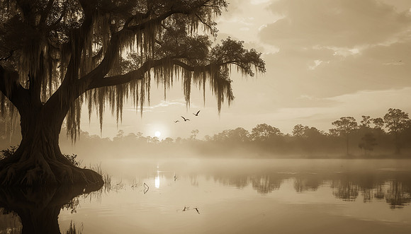 Misty sunrise over calm swamp lake with big cypress tree. Spanis