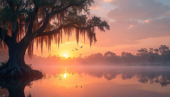 Misty sunrise over calm swamp lake with big cypress tree. Spanis
