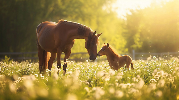 An artistic photograph of a serene mare and her curious foal exp